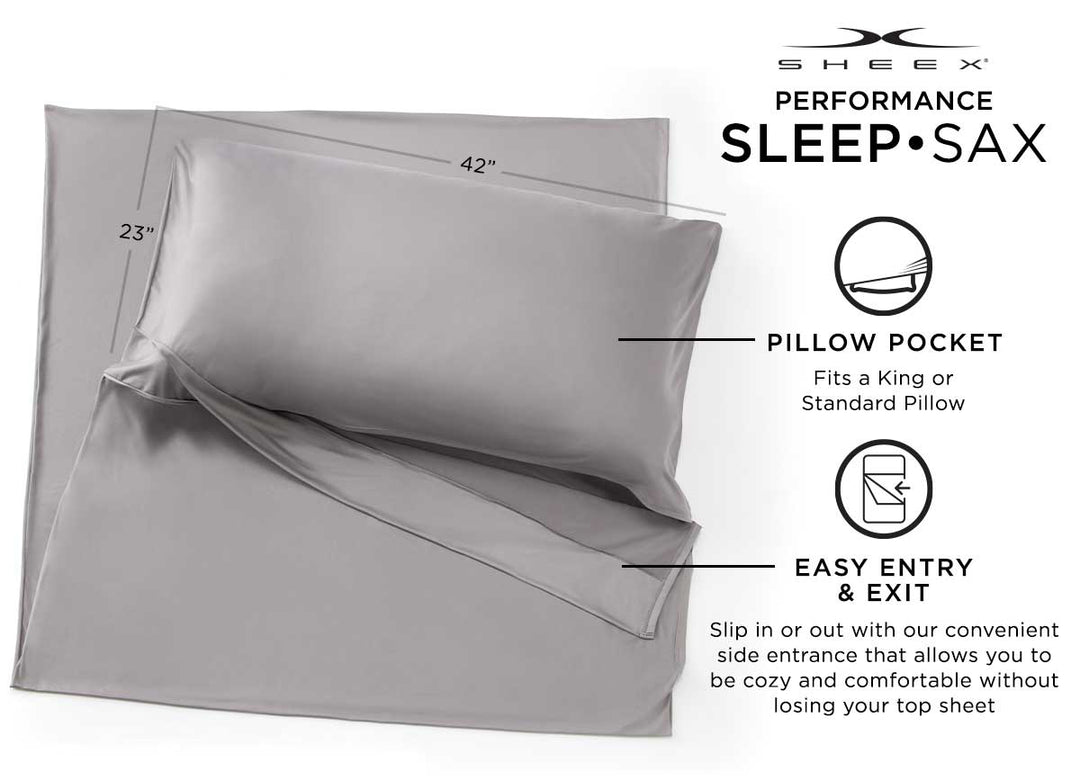 Sleep Sack shown in graphite, stuffed with pillow infographic. Showing pillow picket which fits a standard or king pillow. And easy entry and exit slip pocket.#choose-your-color_graphite