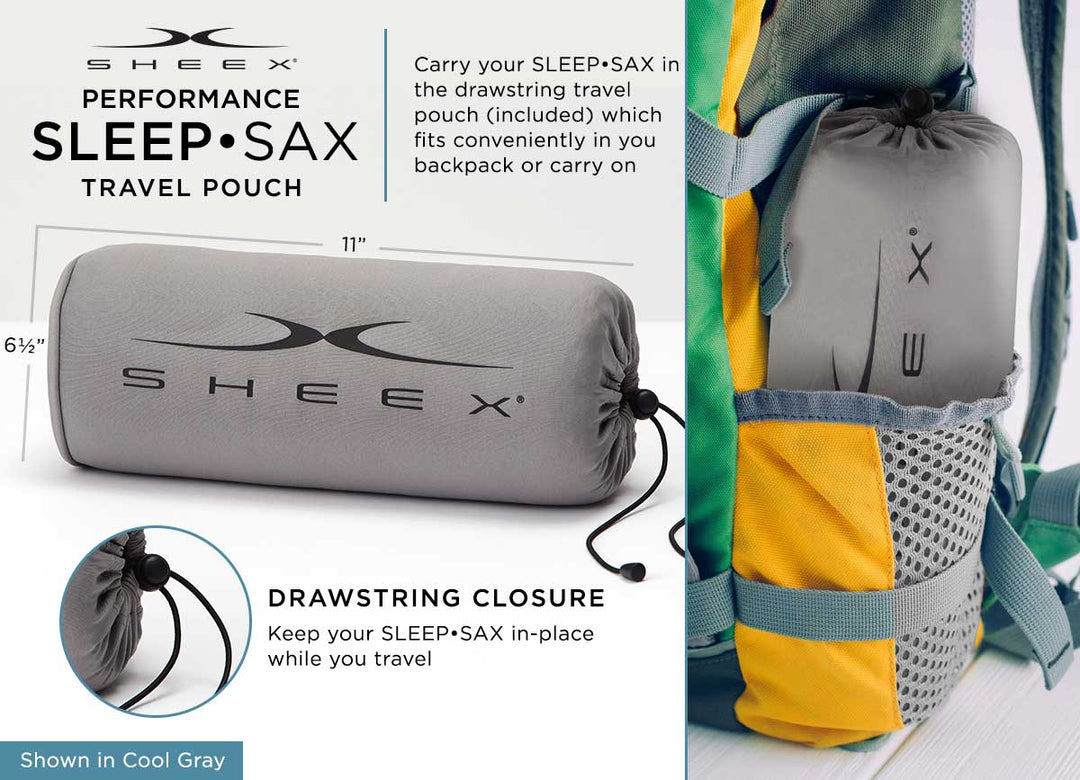 Sleep Sack shown in graphite infographic showing the included travel pouch with drawstring closure.#choose-your-color_graphite