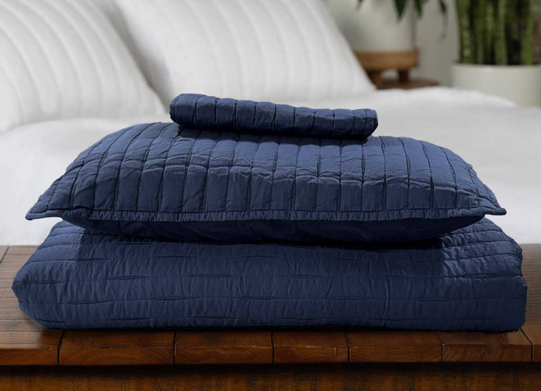 Arctic Quilt Set in denim stack to show comforter and two pillow shams which are included in set. #choose-your-color_denim