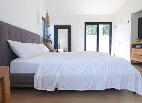 Bright White sheet set shown on bed in bedroom environment. #choose-your-color_bright-white