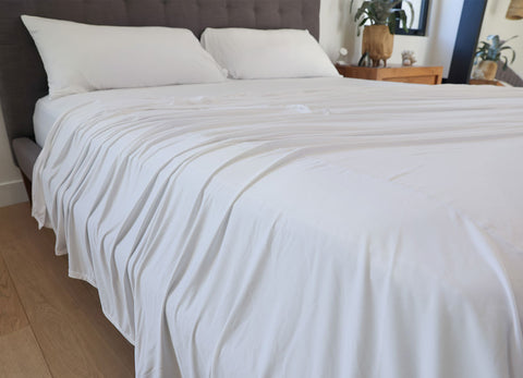 Bright White sheet set shown on bed in bedroom environment. #choose-your-color_bright-white